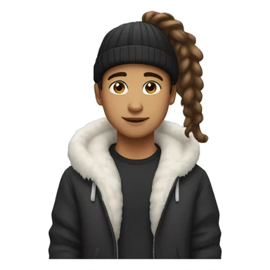 Mixed race boy with ponytail wearing beanie and wearing a black jacket with a white fur trim with hazel eyes sticker