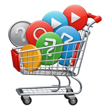 shopping cart with only round play button icons inside, a mix of #DEEB52 and #102C3D, no red sticker