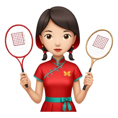 ancient cheongsam girl with 1 badminton racket, red sticker