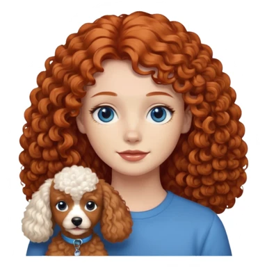 A red head with long hair blue eyes and a light brown poodle dog sticker