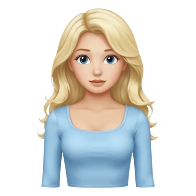 pretty girl blonde soft wavy long hair middle part makeup light baby blue skin tight square neckline long sleeve top sticker