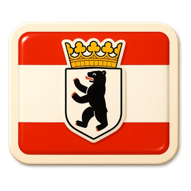 Create an icon for Berlin with a rectangular flag background that is white with red stripes. Center the Berlin coat of arms featuring a bear with a crown. The icon should have no text or label and no word 'Berlin'. The style should be less cartoonish and match the retro stickers style exactly in the same format and proportions as the Brandenburg icon from the provided reference image. sticker