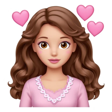 Barbie girl brown long straight wavy hair and brown eyes is In pale pink clothes There are pink hearts all around sticker