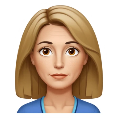 50 year old Caucasian woman with shoulder length brown hair and blond highlights and no bangs. Brown eyes with thin, black eyebrows. Medium size nose with a couple of freckles. Thin lips and slender shoulders. sticker
