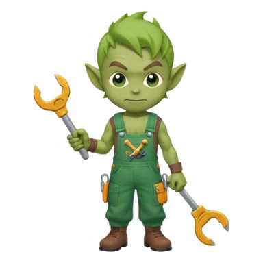 short green goblin, hold a wrench, cute chibi full body sticker
