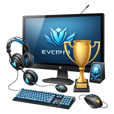An icon featuring a gaming setup with a high-tech monitor displaying a competitive game, a keyboard, and a gaming mouse. The design includes a headset and a trophy, symbolizing victory and skill in esports. Transparent background highlights the energy and precision of professional gaming. sticker