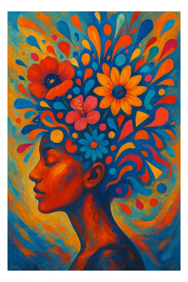 an abstract representation of a woman's head with her brain exploding into flowers and shapes, vibrant, artistic sticker