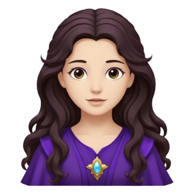 Libera from Olympus Gods with long dark brown wavy hair, deep purple tunic sticker