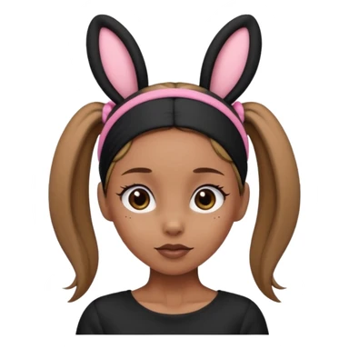 "A tan-skinned person with a high brown ponytail wearing a headband with black bunny ears. The character is dressed in a stylish black outfit. The emoji style should be cute, expressive, and modern — simple but detailed enough to show the ponytail, bunny ears, and outfit clearly." sticker
