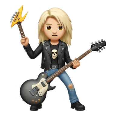 3D Apple-style emoji of a metal musician holding an electric guitar with a bold "ROCK" sign above. Long hair, black leather jacket, ripped jeans, intense expression. Rounded, glossy, smooth, soft shadows, white background.











 sticker