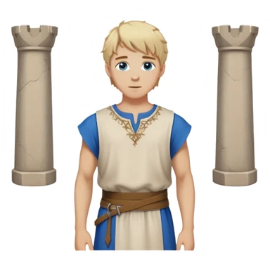 medieval summer outfit worn by a DnD themed fantasy character. basic lightweight sleeveless tunic with a decorative trim along the edges. clothes only above the waist. The clothes full waist. The character's haven't arms. character is blonde hair, blue eyes, short messy hair, white-skinned man. sticker