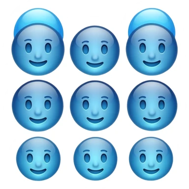 Make a standard set of emoji (all) in the style of glass from Apple company, volumetric with a 3D effect and a transparency effect, and a small one with a blue gradient or light blue The full set of emoticons sticker