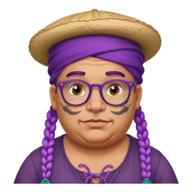 very tattoed face, normal glassess, fat venice gondolier with iconic hat and purple thick braided hair sticker