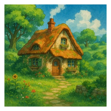 a cozy cottage in a magical landscape with lush greenery in Ghibli style sticker