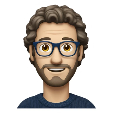 caucasian white man with dark wavy  hair, blue glasses, and carrying design plan because he is an architect carrying a pencil and a set model maquette. wearing a navy blue long sleeve sweater shirt. smart.  sticker