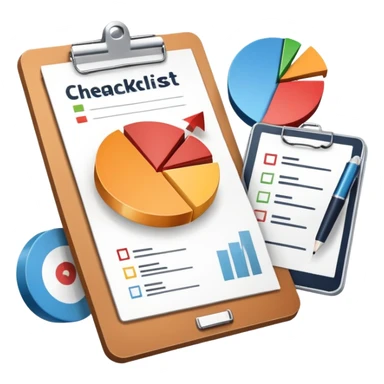 An icon featuring a pie chart, a clipboard with a checklist, and a megaphone, symbolizing management and marketing. The design includes upward-trending graphs and a target with an arrow, representing strategy and success. Transparent background highlights business organization and promotion. sticker
