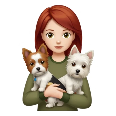 Westhighland white terrier dog being held by woman with dark shoulder length red hair and hazel eye wearing olive green top sticker