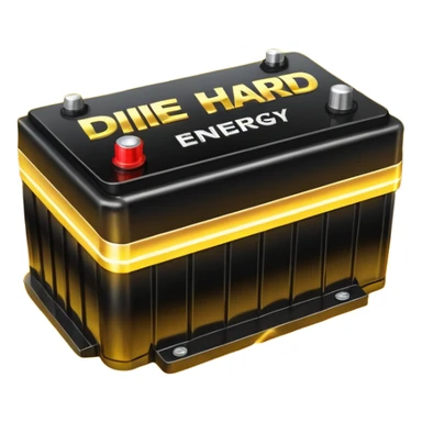 black car battery labeled 'Die Hard' with golden energy waves surrounding it, highlighting its strength sticker