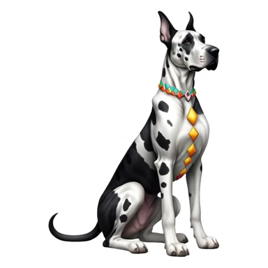 cinematic-[harlequin great dane]-realistic-full-body-sitting-emoji,-tail-resting-loosely-beside-its-paws,-head-tilted-dramatically, ears drooped, -sleek-[black and white]-fur,-simplified-yet-realistic-focused-features,-highly-detailed,-glowing-with-an-almost-sarcastic-glow sticker