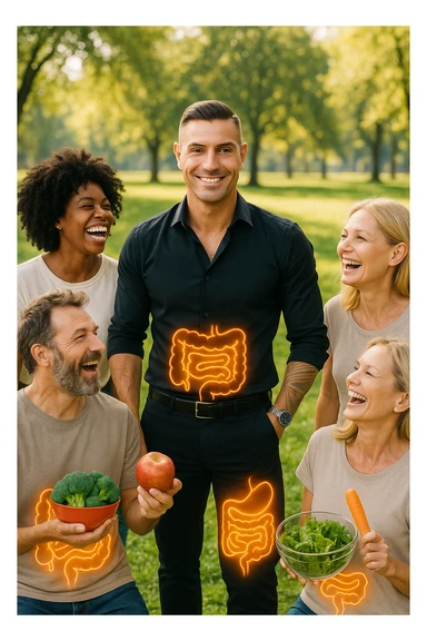  a smiling man stands at the center of a group of diverse, happy people in a bright park. Everyone has a subtle, glowing outline around their abdominal area, symbolizing a healthy gut. The group is laughing, sharing fresh fruits and vegetables, and the atmosphere is vibrant and full of energy. sticker