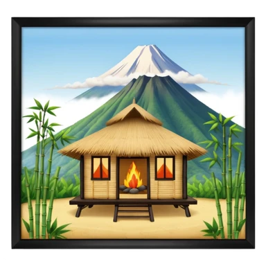 bamboo hut with volcano in the back in Volcano Island  sticker