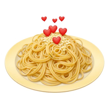 loose tangle of pale yellow cooked spaghetti with soft glossy texture and natural curves, strands slightly twisted and overlapping, freshly prepared dish, no bowl or chopsticks. Add tiny read hearts on the spaghetti sticker
