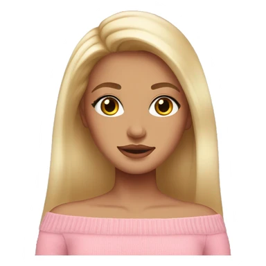 blonde girl with brown eyes, smooth skin, pink off shoulder sweater, long blow out hair sticker