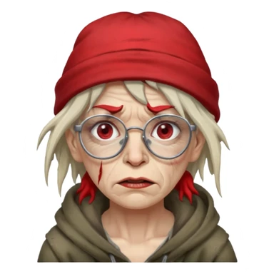 very dirty looking homeless woman with ripped red hat with ugly hair and broken glassess sticker