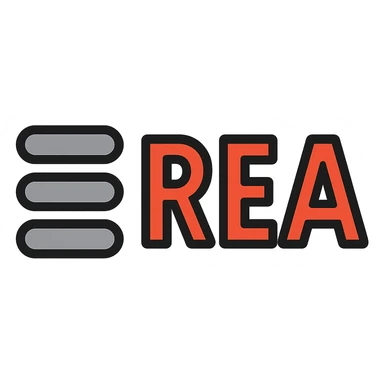 Update the symbol to have four grey horizontal lines of different lengths: the first line is the third longest, the second line is the second longest (slightly longer than the first), the third line is the shortest (slightly shorter than the first), and the fourth line is the longest (slightly longer than the second). The text 'REA' should be in bold, red-orange capital letters, not yellow or pale orange. Keep the style clean and modern, with no background. sticker