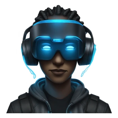 cyberpunk hacker wearing black vr headset, with blue neon lights sticker