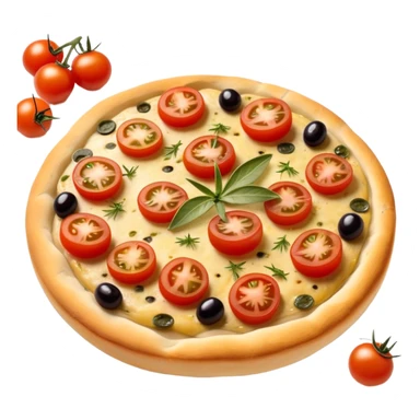 cinematic-realistic-isometric focaccia-bread-dish-emoji,-depicted-as-a-golden,-olive-oil-brushed-flatbread-sprinkled-with-herbs-rendered-with-lifelike-texture-and-soft,-appetizing-lighting showing olives on top and the cherry tomatoes sliced sticker