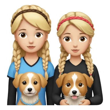 a group of 5 girls two blonde hair tied down one with a golden retriever next to her 1 blonde hair and in a braid  and one brown hair with a head band and 1 blonde hair in a small braid with a border collie next to her sticker