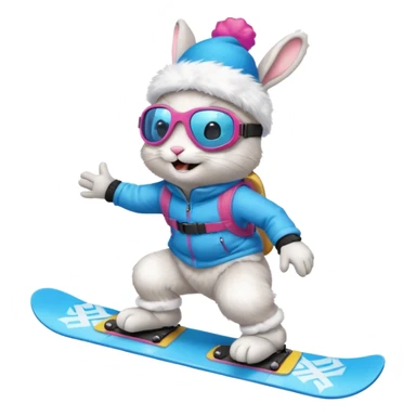 A bunny on a snowboard in blue wearing ski goggles and making party sticker