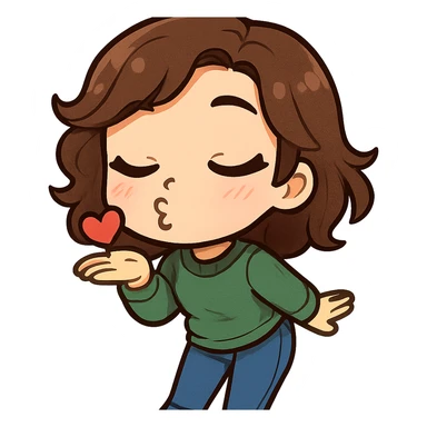 chibi emote of a woman in a green jumper and jeans, blowing a kiss, no headband, no sparkles, no wand, transparent background sticker