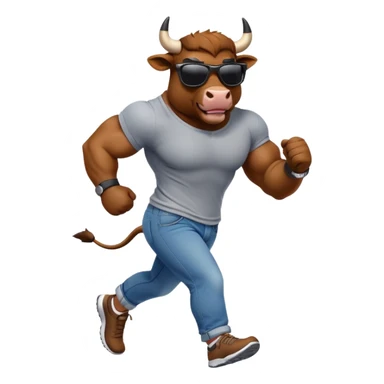 friendly anthropomorphised bull in jeans and a t-shirt, wearing dark sunglasses, jogging upright sticker