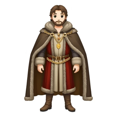 Full body of wealthy medieval merchant in fine clothes, fur-trimmed cloak, and gold chain sticker