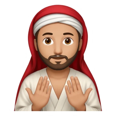 detailed iPhone-style emoji of a Saudi man with round cartoon face, short beard, gentle brown eyes, wearing white thobe and red-and-white shemagh with black agal, both hands gently shown sticker