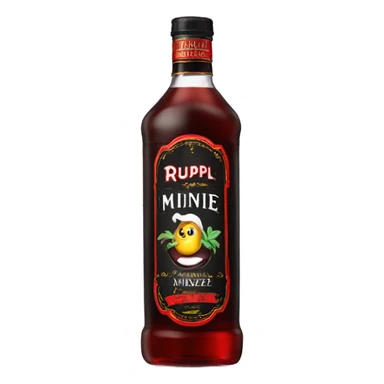 Tall clear bottle of rumple minze alcohol with black and red label sticker