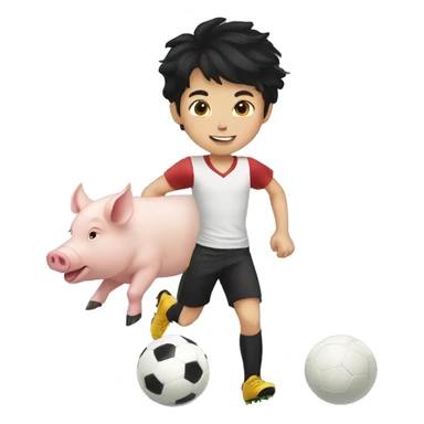 12 year old black haired white boy playing soccer with a pig sticker
