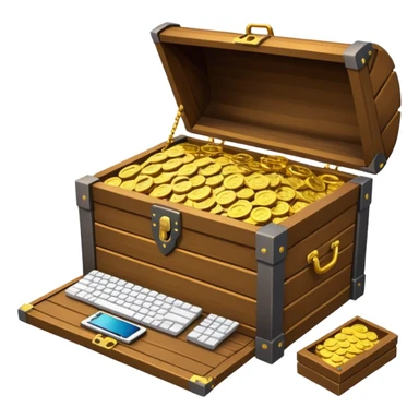 A high-quality 3D emoji of an open wooden treasure chest overflowing with high-end gaming hardware. The design is isometric, featuring sleek laptops, powerful graphics cards with visible fans, and small CPU chips scattered like gold coins. Apple emoji style. sticker