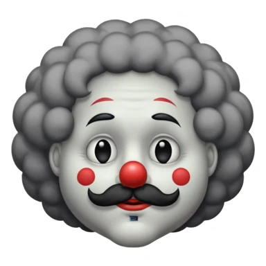 a melancholic clown character with a round gray face, half-closed sleepy eyes with long lashes, a big black round nose, and thick black mustache. Dark fluffy cloud-like hair on the sides of the head.  sticker