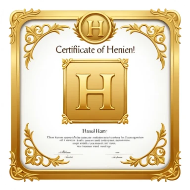 certificate with the letter H inside, gold border sticker