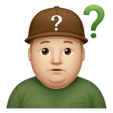 white fat man with brown cap and green t shirt printeed a question mark sticker
