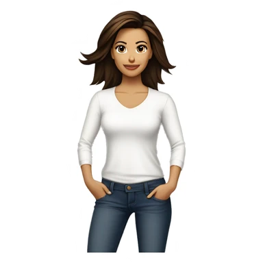 3/4 face, contrasted, shadow, light, Eva Longoria expression, standing from a distance, thin nose, brunette woman, hazel eyes, long eyelashes, dark shoulder shaded hair, white t-shirt, jeans, white sneakers sticker