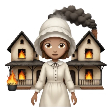 handmaids tale style woman burning house down walking away from house. shes wearing the nun hands maid tale hat cant see her face with brown hair  sticker