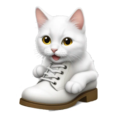 a white cat licks a shoe sticker