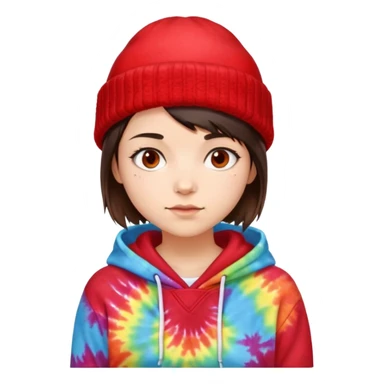 very short haired brunette girl with a red beanie on and a tiedye hoodie sticker