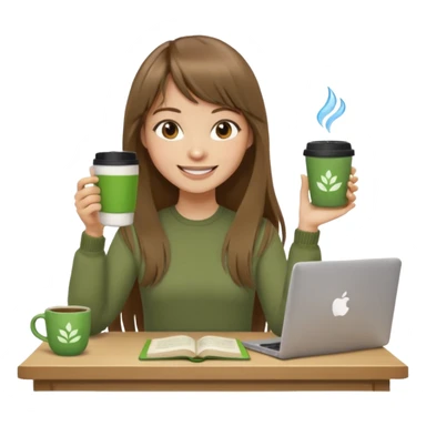 a designer with light skin long brown hair bangs waving, stack of books, coffee cup on top, water bottle, computer, matcha, no glasses sticker