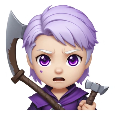 Chibi Sable Ward being hit on the head with a small axe, caught in the act look, white hair with purple streaks, fully purple eyes, dizzy expression sticker