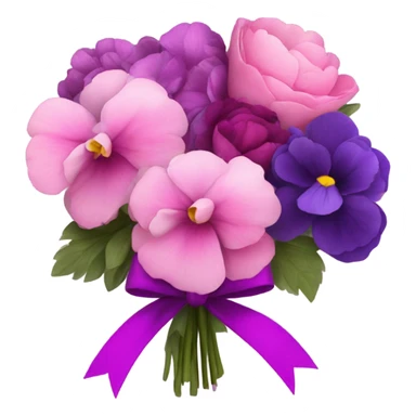Bouquet composed of pink pansies, violet peonies tied with a dark pink ribbon and in the background purple butterflies sticker